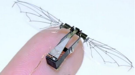指先に載る昆虫型ドローン。ハーバード大学のロボビーの原型http://www.ibtimes.com/より）